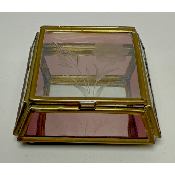 Vintage Via Vermont Tinted Purple Glass Jewelry Trinket Box Casket Brass Floral - Picture 1 of 5